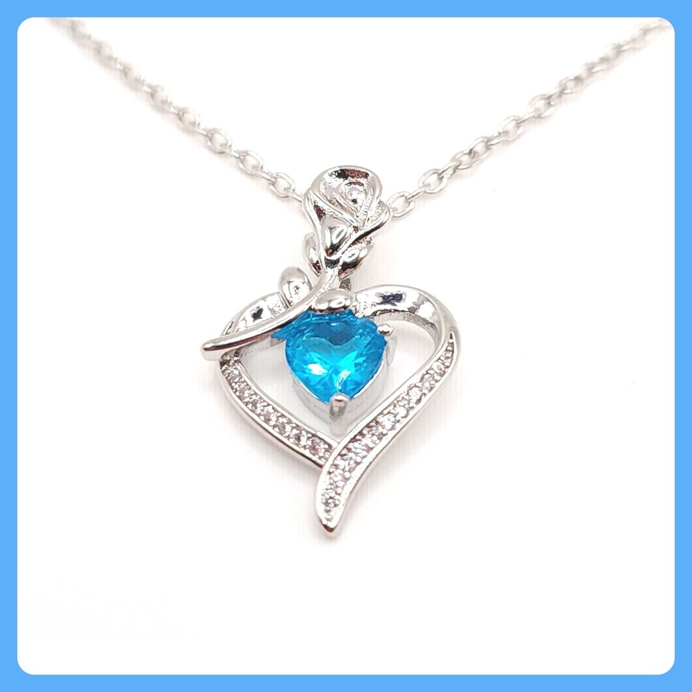 Zircon Heart Rose Necklace Aqua Crystal Stainless Steel Pendant